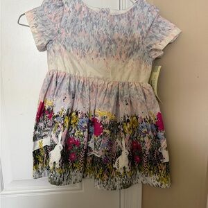 Girls' Pastel Floral & Rabbit Casual Dress - Pink, Blue, Yellow